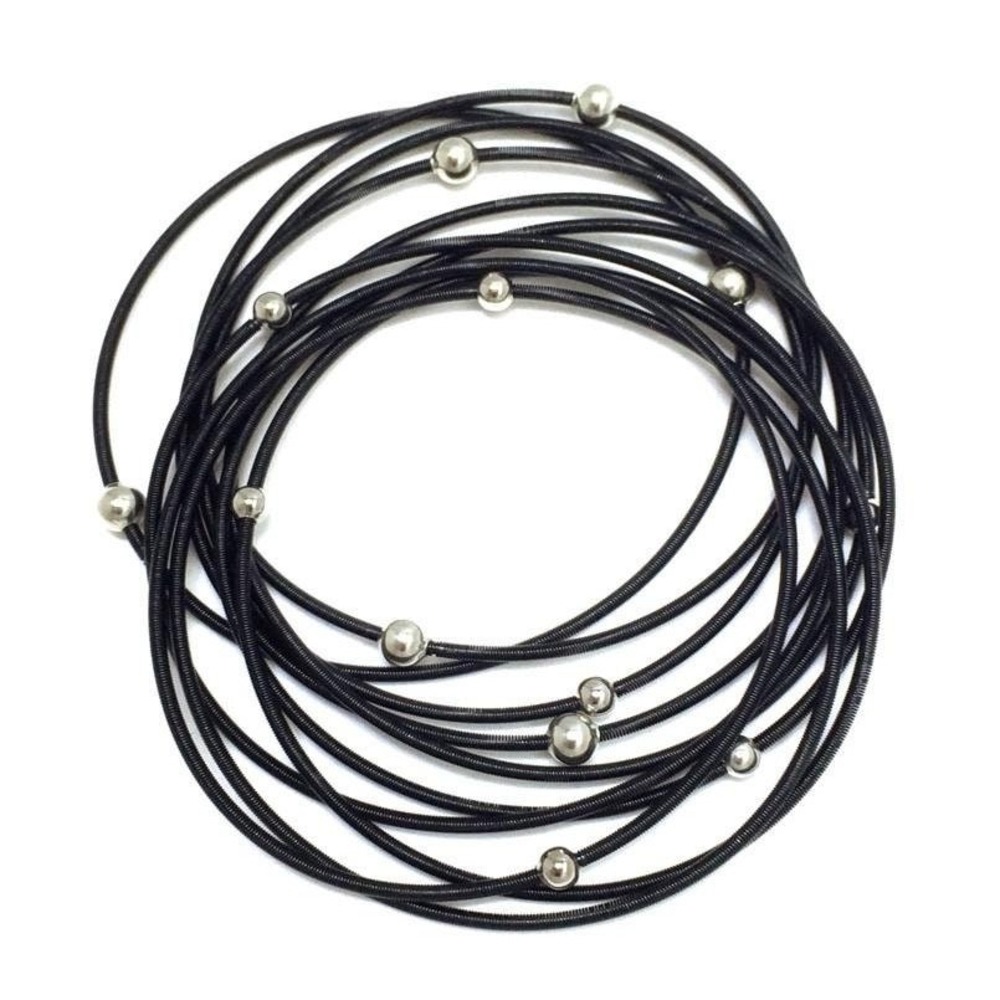 Piano Wire Bracelet Black with silver beads‎